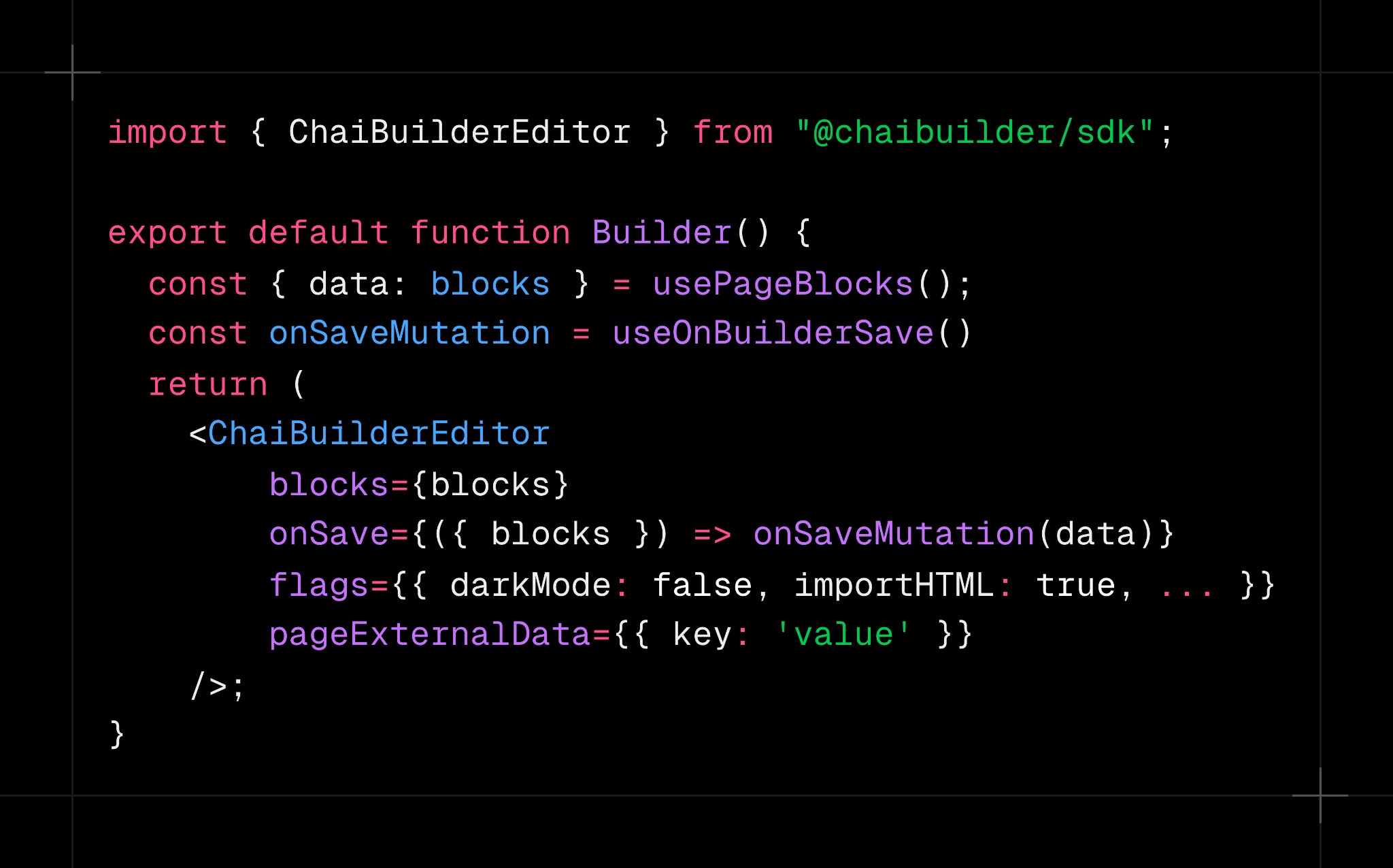 React code snippet for a 'Builder' component importing 'ChaiBuilderEditor' from '@chaibuilder/sdk'. It displays the implementation of hooks and props like blocks, onSave, and flags for a page builder interface.