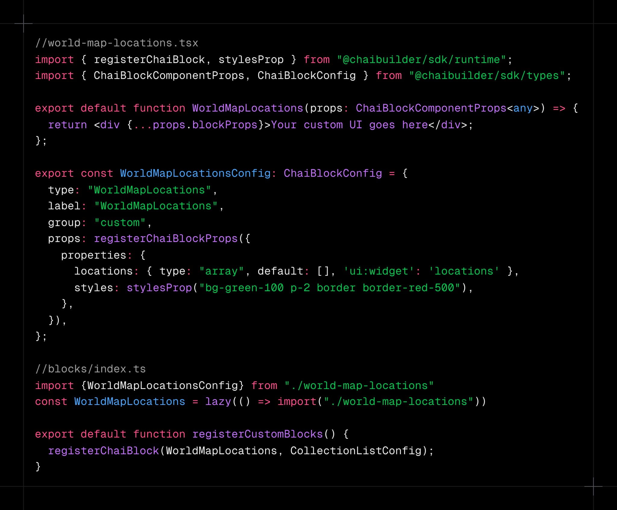 Code editor showing how to register a custom React component with ChaiBuilder SDK
